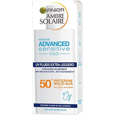 Garnier Ambre Solaire UV Fluide Visage Extra Léger Advanced Sensitive, SPF 50+, Protection Très Haute, Enrichi en Acide Hyaluronique, 50 ml Garnier Ambre Solaire UV Fluide Visage Extra Léger Advanced Sensitive, SPF 50+, Protection Très Haute, Enrichi en Acide Hyaluronique, 50 ml