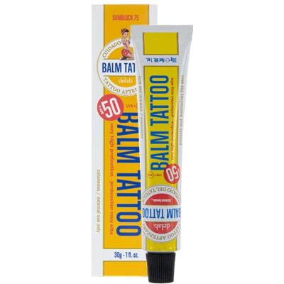 BALM TATTOO Crème Solaire pour Tatouages Solaire 75 Haute Protection UVA + UVB SPF 50+ Hydrate et Régénère la Peau Sans Parabens ni Colorants Usage Cutané 30 gr BALM TATTOO Crème Solaire pour Tatouages Solaire 75 Haute Protection UVA + UVB SPF 50+ Hydrate et Régénère la Peau Sans Parabens ni Colorants Usage Cutané 30 gr