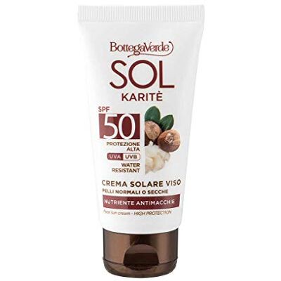 Bottega Verde , SOL Karite Crème solaire pour le visage nourrissant anti-taches avec beurre de karité protection haute SPF50 (50 ml)- Water resistant peaux normales ou sèches Bottega Verde , SOL Karite Crème solaire pour le visage nourrissant anti-taches avec beurre de karité protection haute SPF50 (50 ml)- Water resistant peaux normales ou sèches