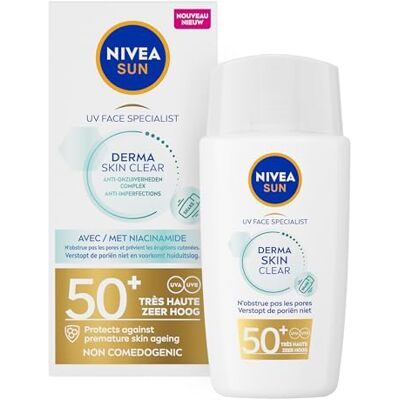 Sun Derma Skin Clear Protection Solaire Visage FPS 50+ (1x40ml) — Fluide visage matifiant à la texture ultra-légère — Soin solaire pour les peaux mixtes à grasses Sun Derma Skin Clear Protection Solaire Visage FPS 50+ (1x40ml) — Fluide visage matifiant à la texture ultra-légère — Soin solaire pour les peaux mixtes à grasses