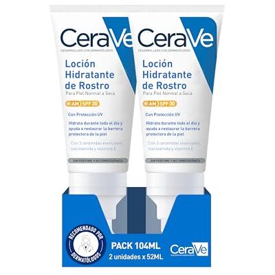 CeraVe , Lotion Visage Hydratante SPF 30 2x52ml Peaux Normale à Sèche Hydratante et Protection contre les Rayons UVB/UVA Enrichie en Céramides 52ml CeraVe , Lotion Visage Hydratante SPF 30 2x52ml Peaux Normale à Sèche Hydratante et Protection contre les Rayons UVB/UVA Enrichie en Céramides 52ml