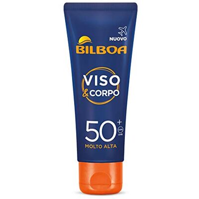 Bilboa Visage et corps crème pour le visage et le corps avec protection SPF 50+, taille de voyage pour une protection solaire avancée, contre les signes du vieillissement, format de voyage de 75 ml Bilboa Visage et corps crème pour le visage et le corps avec protection SPF 50+, taille de voyage pour une protection solaire avancée, contre les signes du vieillissement, format de voyage de 75 ml