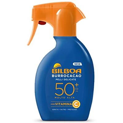 Bilboa Burrocacao Spray solaire déclencheur SPF 50+, protection solaire très élevée pour peaux sensibles, formule avec vitamine C, hydrate, nourrit et protège, testé dermatologiquement, 250 ml Bilboa Burrocacao Spray solaire déclencheur SPF 50+, protection solaire très élevée pour peaux sensibles, formule avec vitamine C, hydrate, nourrit et protège, testé dermatologiquement, 250 ml