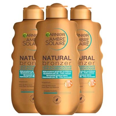 Garnier Ambre Solaire Natural Bronzer Lait autobronzant progressif et hydratant 8h avec huile d'abricot et vitamine E – 3 flacons de 175 ml Garnier Ambre Solaire Natural Bronzer Lait autobronzant progressif et hydratant 8h avec huile d'abricot et vitamine E – 3 flacons de 175 ml