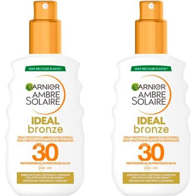 Garnier Ambre Solaire Ideal Bronze Spray Solaire Protection Visage et Corps SPF 30 Protection Haute contre UVA UVB Imperméable Formule avec Activateur de Mélanine Bronzage Intense 2 flacons de 200 Garnier Ambre Solaire Ideal Bronze Spray Solaire Protection Visage et Corps SPF 30 Protection Haute contre UVA UVB Imperméable Formule avec Activateur de Mélanine Bronzage Intense 2 flacons de 200