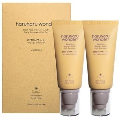 HARUHARU Wonder Black Rice Moisture Airyfit Lot de 2 crèmes solaires quotidiennes, finition velours non gras, sans blanc, 50 ml HARUHARU Wonder Black Rice Moisture Airyfit Lot de 2 crèmes solaires quotidiennes, finition velours non gras, sans blanc, 50 ml