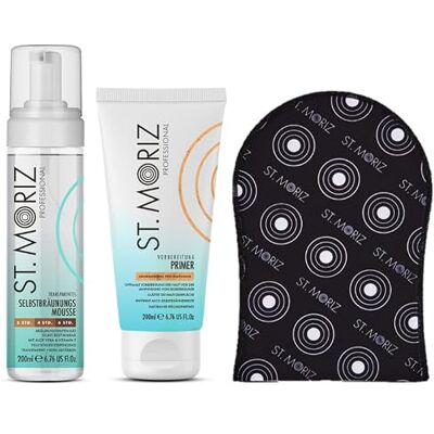 ST. MORIZ Kit professionnel : mousse 200 ml + apprêt 200 ml + gant applicateur 1 pièce (transparent) ST. MORIZ Kit professionnel : mousse 200 ml + apprêt 200 ml + gant applicateur 1 pièce (transparent)