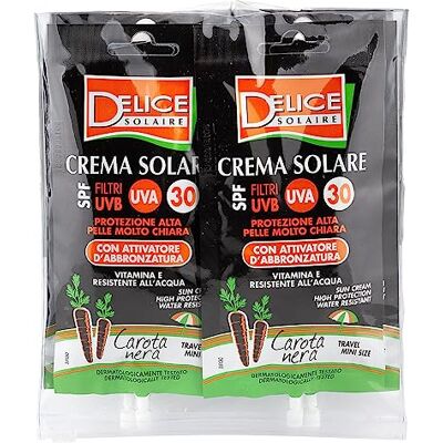 Delice Solaire Crème solaire Mini taille, protection haute SPF30+, avec activateur de bronzage carotte noire, résistante à l'eau, testée dermatologiquement – 6 sachets x 50 ml Delice Solaire Crème solaire Mini taille, protection haute SPF30+, avec activateur de bronzage carotte noire, résistante à l'eau, testée dermatologiquement – 6 sachets x 50 ml