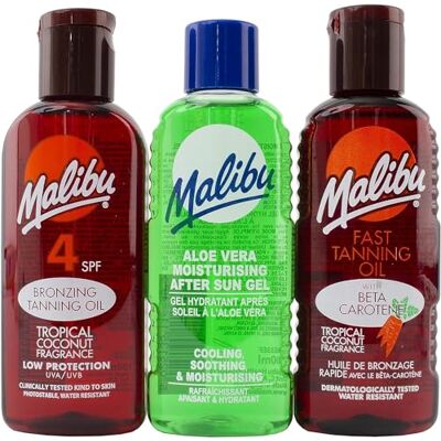 Malibu Kit de protection solaire avec huile bronzante SPF 4 Huile bronzante rapide à l'aloe vera Après-soleil Kit de voyage Malibu Kit de protection solaire avec huile bronzante SPF 4 Huile bronzante rapide à l'aloe vera Après-soleil Kit de voyage