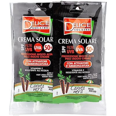 Delice Solaire Crème solaire Mini taille, très haute protection SPF50+ avec activateur de bronzage carotte noire, résistante à l'eau, testée dermatologiquement – 6 sachets x 50 ml Delice Solaire Crème solaire Mini taille, très haute protection SPF50+ avec activateur de bronzage carotte noire, résistante à l'eau, testée dermatologiquement – 6 sachets x 50 ml
