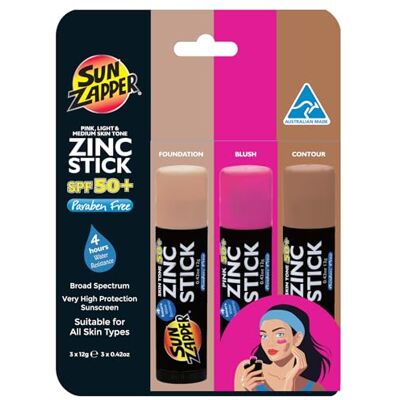 Zinc Oxide Sunscreen Stick – SPF 50+ Tinted 3-Pack (Light, Dark, Pink) – Makeup, Blush– Water Resistant, Made in Australia Zinc Oxide Sunscreen Stick – SPF 50+ Tinted 3-Pack (Light, Dark, Pink) – Makeup, Blush– Water Resistant, Made in Australia
