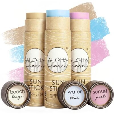 Aloha Care Aloha Sun Stick SPF 50+ Crème solaire minérale colorée pour le surf Tube de papier écologique 3 x 20 g (3 packs) Bleu + Rose + Beige Aloha Care Aloha Sun Stick SPF 50+ Crème solaire minérale colorée pour le surf Tube de papier écologique 3 x 20 g (3 packs) Bleu + Rose + Beige