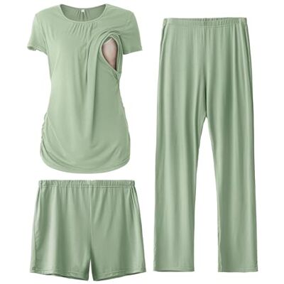 SUNNYBUY Soft Ensemble de pijama Femme (lot de 3) T-shirt d'allaitement, pantalon long et short de grossesse pour femme enceinte, post-partum et toutes les saisons SUNNYBUY Soft Ensemble de pijama Femme (lot de 3) T-shirt d'allaitement, pantalon long et short de grossesse pour femme enceinte, post-partum et toutes les saisons