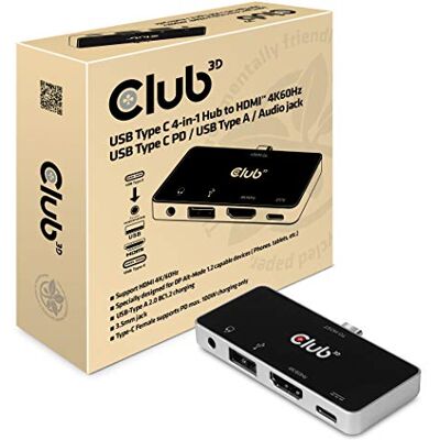 Club 3D Hub USB type C 4 en 1 vers HDMI 4K60Hz USB type C PD/USB type A/prise audio Club 3D Hub USB type C 4 en 1 vers HDMI 4K60Hz USB type C PD/USB type A/prise audio