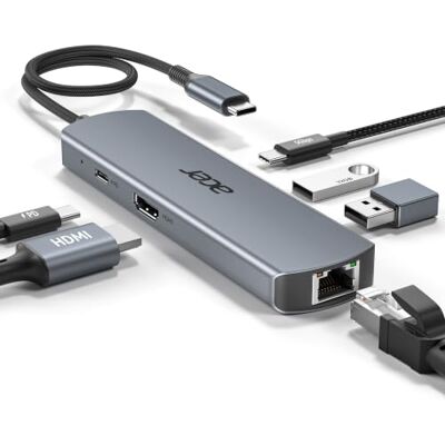 Acer Hub USB C 6 en 1 avec Ethernet 1Gbps, HDMI 4K@60Hz, PD 100W 1*USB-C 5Gbps, 2*USB-A 3.0, Station d'accueil USB C pour iPhone 17/16, MacBook iPad Pro/Air, Galaxy S26, etc. Acer Hub USB C 6 en 1 avec Ethernet 1Gbps, HDMI 4K@60Hz, PD 100W 1*USB-C 5Gbps, 2*USB-A 3.0, Station d'accueil USB C pour iPhone 17/16, MacBook iPad Pro/Air, Galaxy S26, etc.