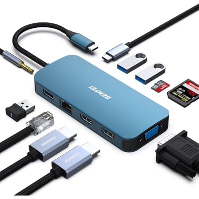 BENFEI Station d'accueil TYPE-C MST pour ordinateur portable avec câble design tissé en silicone, hub USB-C avec TYPE-C vers 3 ports HDMI, 1 port VGA, 3 ports USB 3.0, lecteur de carte SD/TF 11 in 1 BENFEI Station d'accueil TYPE-C MST pour ordinateur portable avec câble design tissé en silicone, hub USB-C avec TYPE-C vers 3 ports HDMI, 1 port VGA, 3 ports USB 3.0, lecteur de carte SD/TF 11 in 1