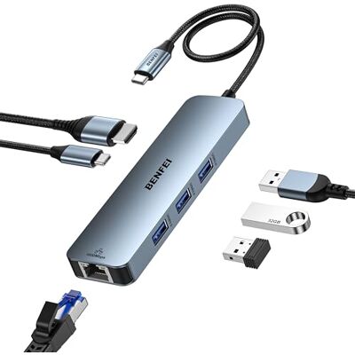 BENFEI Hub USB C 6-en-1 avec HDMI(4K@60Hz), Gigabit Ethernet, 100 W Power Delivery 3 x USB 3.0, câble en silicone, coque en aluminium compatible avec iPhone 15 Pro/Max, MacBook, iPad Pro, iMac, S23, BENFEI Hub USB C 6-en-1 avec HDMI(4K@60Hz), Gigabit Ethernet, 100 W Power Delivery 3 x USB 3.0, câble en silicone, coque en aluminium compatible avec iPhone 15 Pro/Max, MacBook, iPad Pro, iMac, S23,