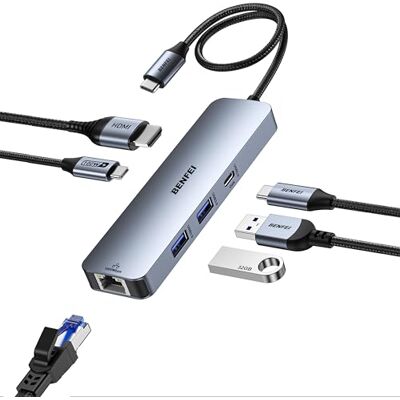 BENFEI Hub USB C 6 en 1 avec HDMI (4K @ 60 Hz), 2 USB-A, 1 données USB-C, charge 100 W, Gigabit Ethernet, câble en silicone sans enchevêtrement, compatible avec MacBook Pro/Air, iPad Pro, iMac, iPhone BENFEI Hub USB C 6 en 1 avec HDMI (4K @ 60 Hz), 2 USB-A, 1 données USB-C, charge 100 W, Gigabit Ethernet, câble en silicone sans enchevêtrement, compatible avec MacBook Pro/Air, iPad Pro, iMac, iPhone