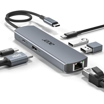 Acer Hub USB C avec Ethernet 1Gbps, HDMI 4K@60 Hz, 1*USB-C 5Gbps, 2*USB-A 3.0, Type-C 100 W PD, Station d'accueil 6 en 1 pour iPhone 17/16, MacBook iPad Pro/Air, Mac Mini M4,Galaxy S24, etc. Acer Hub USB C avec Ethernet 1Gbps, HDMI 4K@60 Hz, 1*USB-C 5Gbps, 2*USB-A 3.0, Type-C 100 W PD, Station d'accueil 6 en 1 pour iPhone 17/16, MacBook iPad Pro/Air, Mac Mini M4,Galaxy S24, etc.