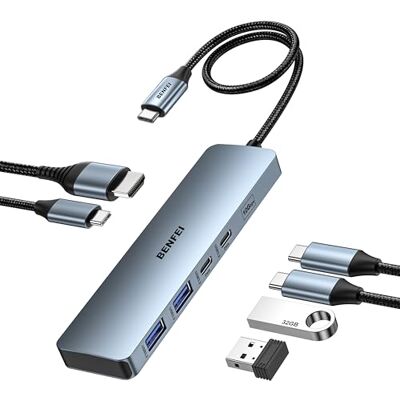 BENFEI HUB USB C 6 en 1 avec HDMI (4K @ 60 Hz), alimentation 100 W, 10 Gbit/s, 2 ports USB-A et 2 câbles USB-C, câble en silicone, coque en aluminium compatible avec iPhone 15 Pro/Max, MacBook, iPad BENFEI HUB USB C 6 en 1 avec HDMI (4K @ 60 Hz), alimentation 100 W, 10 Gbit/s, 2 ports USB-A et 2 câbles USB-C, câble en silicone, coque en aluminium compatible avec iPhone 15 Pro/Max, MacBook, iPad