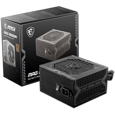 MSI Mag A550bn 550w 80 Plus Bronze Power Supply One Size 550W, rail unique 12V, circuit DC vers DC, ventilateur 120mm, garantie 5 ans MSI Mag A550bn 550w 80 Plus Bronze Power Supply One Size 550W, rail unique 12V, circuit DC vers DC, ventilateur 120mm, garantie 5 ans