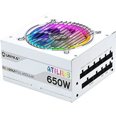 Unykach Bloc d'alimentation ATX ATILIUS 650 W White Full Modulaire avec éclairage RVB, efficacité de 90%, ventilateur de 120 mm ultra silencieux et protection contre les surintensités Unykach Bloc d'alimentation ATX ATILIUS 650 W White Full Modulaire avec éclairage RVB, efficacité de 90%, ventilateur de 120 mm ultra silencieux et protection contre les surintensités