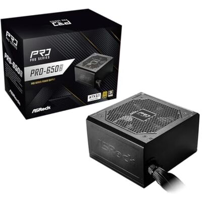 ASRock PRO-650G Bloc d'alimentation certifié 650 W 80 Plus, compatible ATX 3.1, ventilateur de 120 mm, circuit de protection complète, garantie 3 ans ASRock PRO-650G Bloc d'alimentation certifié 650 W 80 Plus, compatible ATX 3.1, ventilateur de 120 mm, circuit de protection complète, garantie 3 ans