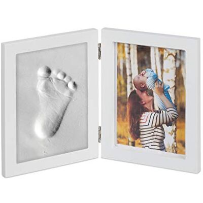 Relaxdays Cadre photo pour bébé avec empreinte en plâtre, kit pour empreintes de main ou de pied, DIY avec cadre, blanc Relaxdays Cadre photo pour bébé avec empreinte en plâtre, kit pour empreintes de main ou de pied, DIY avec cadre, blanc