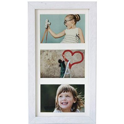 Cadre photo multiple 18 x 35 cm avec passe-partout et 3 découpes pour photos de 10 x 15 cm, blanc rustique Cadre photo multiple 18 x 35 cm avec passe-partout et 3 découpes pour photos de 10 x 15 cm, blanc rustique