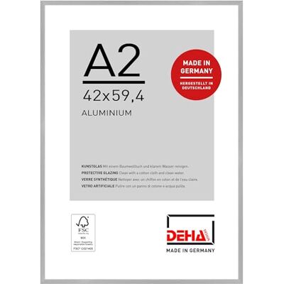DEHA Design cadre photo, 42 x 59,4 cm (A2), aluminium, Argent mat, cadre affichepour accrocherau format paysage et portrait, verre synthétique, Tribeca DEHA Design cadre photo, 42 x 59,4 cm (A2), aluminium, Argent mat, cadre affichepour accrocherau format paysage et portrait, verre synthétique, Tribeca