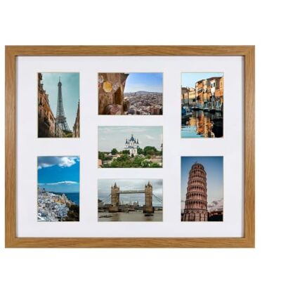 Cadre photo multiple 40 x 50 cm avec passe-partout et 7 découpes pour photos de 10 x 15 cm, chêne Cadre photo multiple 40 x 50 cm avec passe-partout et 7 découpes pour photos de 10 x 15 cm, chêne