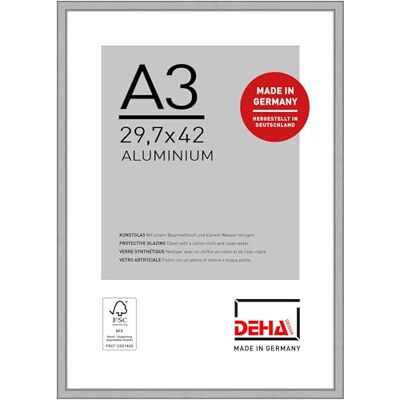 DEHA Design cadre photo, 29,7 x 42 cm (A3), aluminium, Argent mat, cadre affichepour accrocherau format paysage et portrait, verre synthétique, Boston DEHA Design cadre photo, 29,7 x 42 cm (A3), aluminium, Argent mat, cadre affichepour accrocherau format paysage et portrait, verre synthétique, Boston