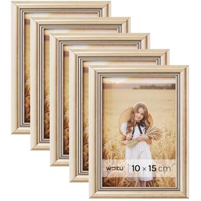 WOLTU Lot de 5 cadres photo 10 x 15 cm en bois avec passe-partout, à suspendre ou à poser verticalement ou horizontalement, pour collage, décoration murale, Doré WOLTU Lot de 5 cadres photo 10 x 15 cm en bois avec passe-partout, à suspendre ou à poser verticalement ou horizontalement, pour collage, décoration murale, Doré