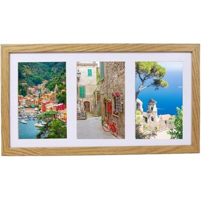 Cadre photo collage 18x35 pour trois photos avec passe-partout 10x15 cm, en bois MDF chêne, cadre photo moderne à accrocher au mur ou à poser sur une commode Cadre photo collage 18x35 pour trois photos avec passe-partout 10x15 cm, en bois MDF chêne, cadre photo moderne à accrocher au mur ou à poser sur une commode