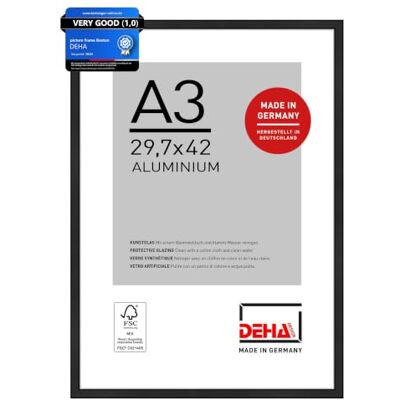 DEHA Design cadre photo, 29,7 x 42 cm (A3), aluminium, Noir mat, cadre affichepour accrocherau format paysage et portrait, verre synthétique, Boston DEHA Design cadre photo, 29,7 x 42 cm (A3), aluminium, Noir mat, cadre affichepour accrocherau format paysage et portrait, verre synthétique, Boston