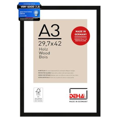 DEHA Design cadre photo, 29,7 x 42 cm (A3), bois, Noir, cadre affichepour accrocherau format paysage et portrait, verre synthétique, Fontana DEHA Design cadre photo, 29,7 x 42 cm (A3), bois, Noir, cadre affichepour accrocherau format paysage et portrait, verre synthétique, Fontana
