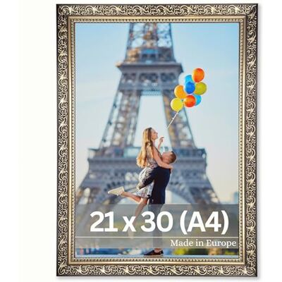 Victor Vinci Cadre photo Vinci 21 x 30 cm (A4) Noir doré Style vintage baroque Baguette décorée 22 x 20 mm Verre acrylique incassable Dos en MDF Pour format portrait et paysage Victor Vinci Cadre photo Vinci 21 x 30 cm (A4) Noir doré Style vintage baroque Baguette décorée 22 x 20 mm Verre acrylique incassable Dos en MDF Pour format portrait et paysage