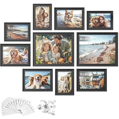 SONGMICS Lot de 10 cadre photo avec 16 passe-partout, 2 grands de 20 x 25 cm, 4 moyens de 12 x 17 cm, 4 petits de 10 x 15 cm, à suspendre ou poser, MDF et verre SONGMICS Lot de 10 cadre photo avec 16 passe-partout, 2 grands de 20 x 25 cm, 4 moyens de 12 x 17 cm, 4 petits de 10 x 15 cm, à suspendre ou poser, MDF et verre