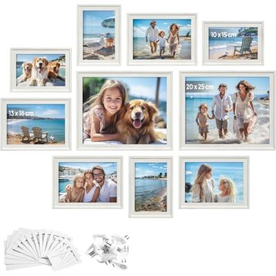SONGMICS Lot de 10 cadres photo avec 16 passe-partout, 2 cadres de 20 x 25 cm, quatre cadres de 12 x 17 cm, 4 cadres de 10 x 15 cm, à suspendre ou à poser sur une table, MDF et verre, 12 clous sans SONGMICS Lot de 10 cadres photo avec 16 passe-partout, 2 cadres de 20 x 25 cm, quatre cadres de 12 x 17 cm, 4 cadres de 10 x 15 cm, à suspendre ou à poser sur une table, MDF et verre, 12 clous sans