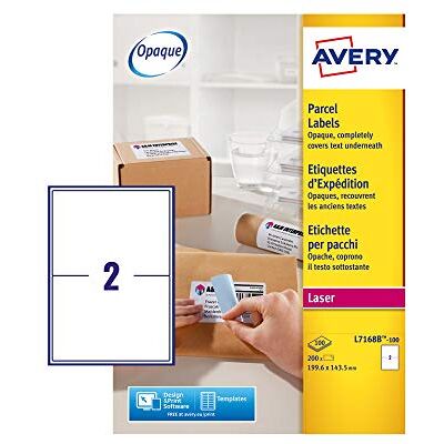 Avery (L7168B-100) Boite de 200 Étiquettes D'Expédition Autocollantes Ultra Opaques Personnalisables et Imprimables Format 199,6 X 143,5 mm Impression Laser A4 Blanc Avery (L7168B-100) Boite de 200 Étiquettes D'Expédition Autocollantes Ultra Opaques Personnalisables et Imprimables Format 199,6 X 143,5 mm Impression Laser A4 Blanc