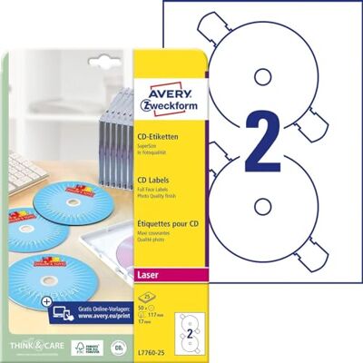 Avery Zweckform, L7760-25 Paquet de 25 feuilles d'étiquettes à CD SuperSize pour imprimante laser Ø 117 mm (Import Allemagne) Avery Zweckform, L7760-25 Paquet de 25 feuilles d'étiquettes à CD SuperSize pour imprimante laser Ø 117 mm (Import Allemagne)