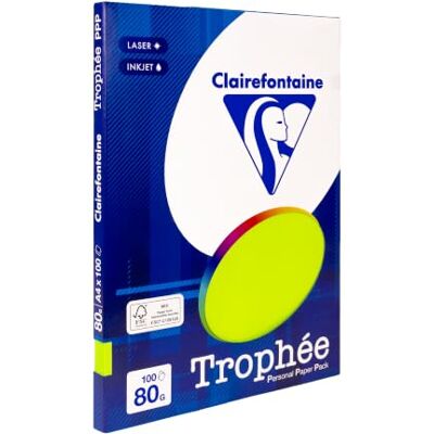 Clairefontaine Trophee Ramette de 100 feuilles A4 80 g/m² Vert fluo Format A4 21 x 29,7 cm Clairefontaine Trophee Ramette de 100 feuilles A4 80 g/m² Vert fluo Format A4 21 x 29,7 cm