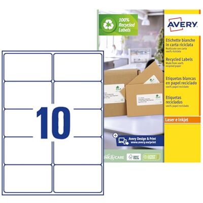 Avery Étiquettes en papier recyclé blanc pour enveloppes et colis 99,1 x 57 mm, 10 étiquettes par feuille, autocollant permanent, imprimantes Laser, lot de 15 feuilles Avery Étiquettes en papier recyclé blanc pour enveloppes et colis 99,1 x 57 mm, 10 étiquettes par feuille, autocollant permanent, imprimantes Laser, lot de 15 feuilles
