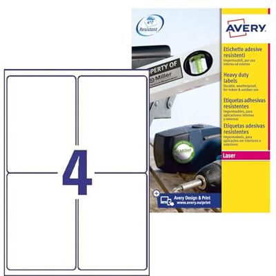 Avery L4774–8 Outdoor Film Étiquettes (A4, 32 étiquettes, résistant aux intempéries, 99,1 x 139 mm) 8 feuilles, blanc Avery L4774–8 Outdoor Film Étiquettes (A4, 32 étiquettes, résistant aux intempéries, 99,1 x 139 mm) 8 feuilles, blanc