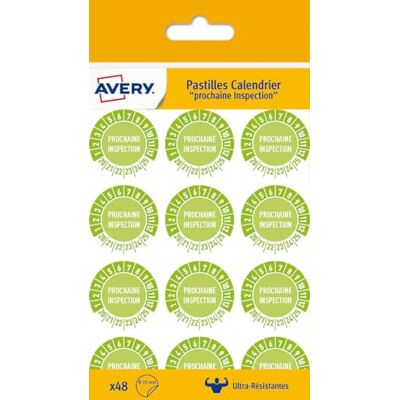 Avery Sachet de 48 Pastilles "Prochaine Inspection" + 12 Mois + Années 20 À 25, Ultra-Résistantes Et Souples, 30 mm de Diamètre (VAL25PE) Avery Sachet de 48 Pastilles "Prochaine Inspection" + 12 Mois + Années 20 À 25, Ultra-Résistantes Et Souples, 30 mm de Diamètre (VAL25PE)