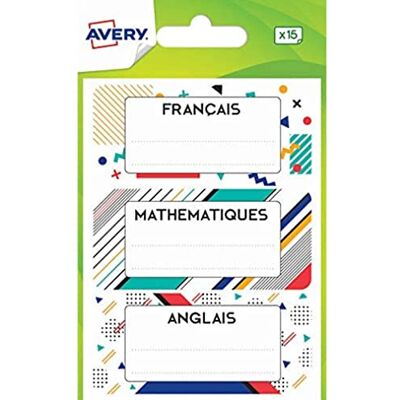 Avery Sachet de 15 étiquettes matières scolaires design graphique. Format 76 x 34 mm Avery Sachet de 15 étiquettes matières scolaires design graphique. Format 76 x 34 mm