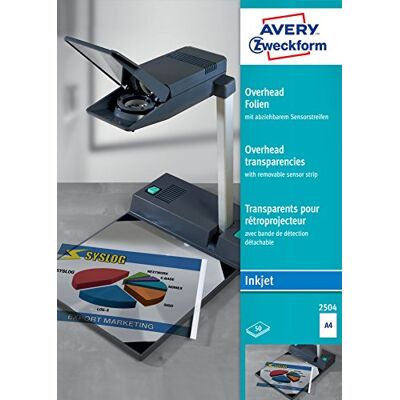 Avery 2504 Films transparents pour rétroprojecteur Couché, traitement par lots, avec bande optique détachable 50 feuilles Epaisseur : 0, 11 mm (Import Allemagne) Avery 2504 Films transparents pour rétroprojecteur Couché, traitement par lots, avec bande optique détachable 50 feuilles Epaisseur : 0, 11 mm (Import Allemagne)