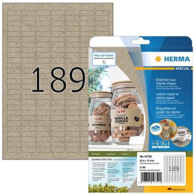HERMA Lot de 10750 étiquettes universelles 20 feuilles 25,4 x 10 mm 189 par feuille A4-3780 étiquettes autocollantes imprimables mates Papier silphie Marron naturel HERMA Lot de 10750 étiquettes universelles 20 feuilles 25,4 x 10 mm 189 par feuille A4-3780 étiquettes autocollantes imprimables mates Papier silphie Marron naturel