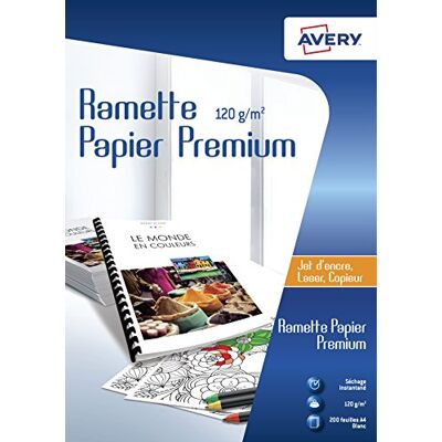 Avery Boite de 200 feuilles de papier d'impression premium 120g/m², Format A4, Impression laser/jet d'encre, Avery Boite de 200 feuilles de papier d'impression premium 120g/m², Format A4, Impression laser/jet d'encre,