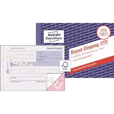 Avery 1711 Entrée de caisse spécialement conçue pour l'Autriche (A6 paysage, 2 x 40 feuilles, autocopiante avec copie couleur, impression de documents anti-contrefaçon) blanc/rose Avery 1711 Entrée de caisse spécialement conçue pour l'Autriche (A6 paysage, 2 x 40 feuilles, autocopiante avec copie couleur, impression de documents anti-contrefaçon) blanc/rose